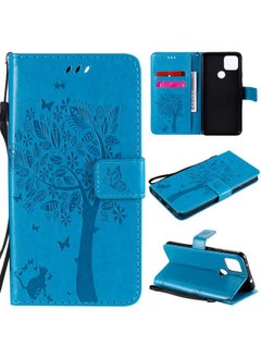 HuHa Case Cover For For Google Pixel 4a 5G / Pixel 5 XL Tree & Cat Embossed Pattern Horizontal Flip Leather Case with Holder & Card Slots & Wallet & Lanyard(Blue) 