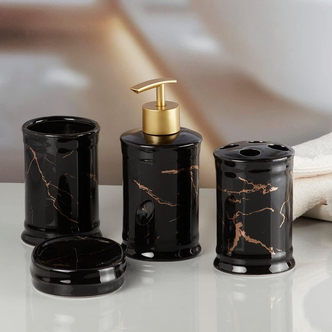 CERAMIC BATHROOM SET STYLISH 4 PIECE BATH ACCESSORIES KIT WITH SOAP DISPENSER TOOTHBRUSH HOLDER TUMBLER SOAP DISH MODERN DESIGNER DECOR FOR HOME GUEST BATHROOMS BLACKGOLD 8228