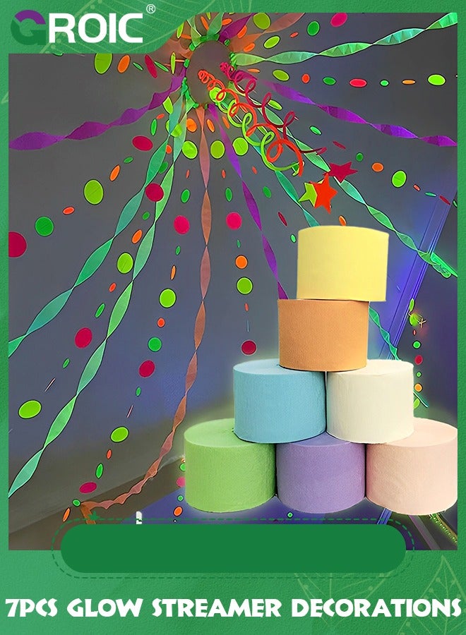 GROIC 7Pcs Glow Crepe Paper Streamers, UV Glow Party Neon Streamer Decorations, Glow Black Light Reactive Fluorescent Neon Paper Party Streamers Wedding Birthday Blacklight Party Supplies(Each 25m) - Image 1
