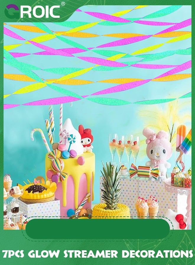 GROIC 7Pcs Glow Crepe Paper Streamers, UV Glow Party Neon Streamer Decorations, Glow Black Light Reactive Fluorescent Neon Paper Party Streamers Wedding Birthday Blacklight Party Supplies(Each 25m) - Image 5