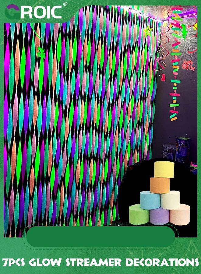 GROIC 7Pcs Glow Crepe Paper Streamers, UV Glow Party Neon Streamer Decorations, Glow Black Light Reactive Fluorescent Neon Paper Party Streamers Wedding Birthday Blacklight Party Supplies(Each 25m) - Image 3