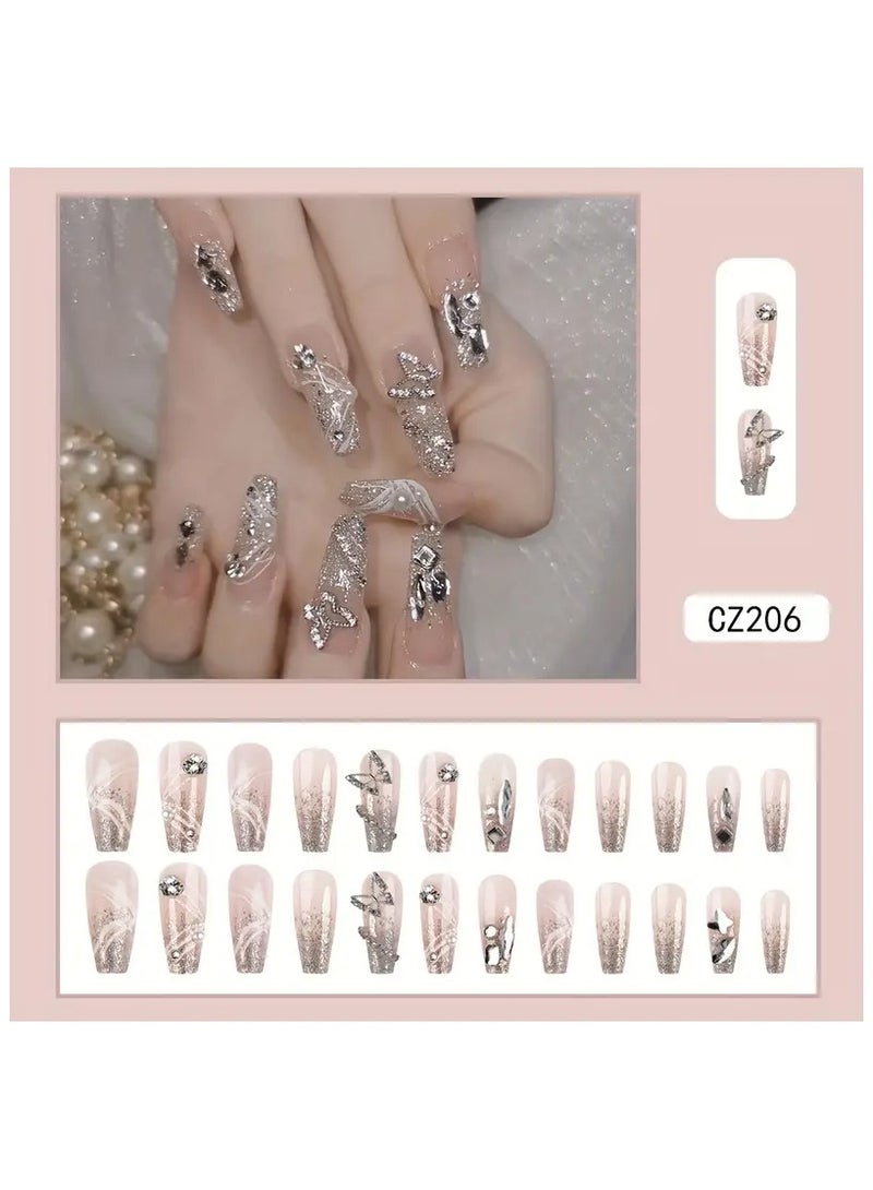 LANGMANNI 24pcs Handmade Glossy Long Coffin Press On Nails - Pink French Style with Butterfly Rhinestone Glitter Design, Reusable False Nails for Women, Elegant Fake Nails for Parties & Special Occasions, Handmade Press On Nails, Party Accessories - Image 2