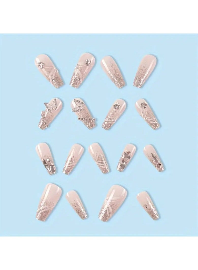 LANGMANNI 24pcs Handmade Glossy Long Coffin Press On Nails - Pink French Style with Butterfly Rhinestone Glitter Design, Reusable False Nails for Women, Elegant Fake Nails for Parties & Special Occasions, Handmade Press On Nails, Party Accessories - Image 3