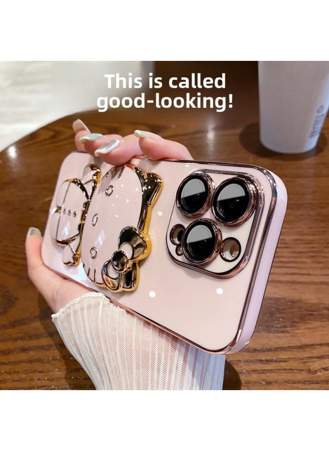 Makeup Mirror Cute Cat Bracket For Iphone 14promax Mobile Phone Case All-inclusive Lens Film For Iphone13 Soft 12-Color:Black-Applicable Model:For Iphone16