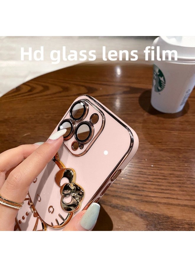 Makeup Mirror Cute Cat Bracket For Iphone 14promax Mobile Phone Case All-inclusive Lens Film For Iphone13 Soft 12-Color:Black-Applicable Model:For Iphone16