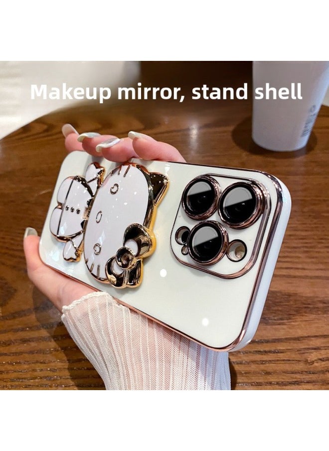 Makeup Mirror Cute Cat Bracket For Iphone 14promax Mobile Phone Case All-inclusive Lens Film For Iphone13 Soft 12-Color:Black-Applicable Model:For Iphone16