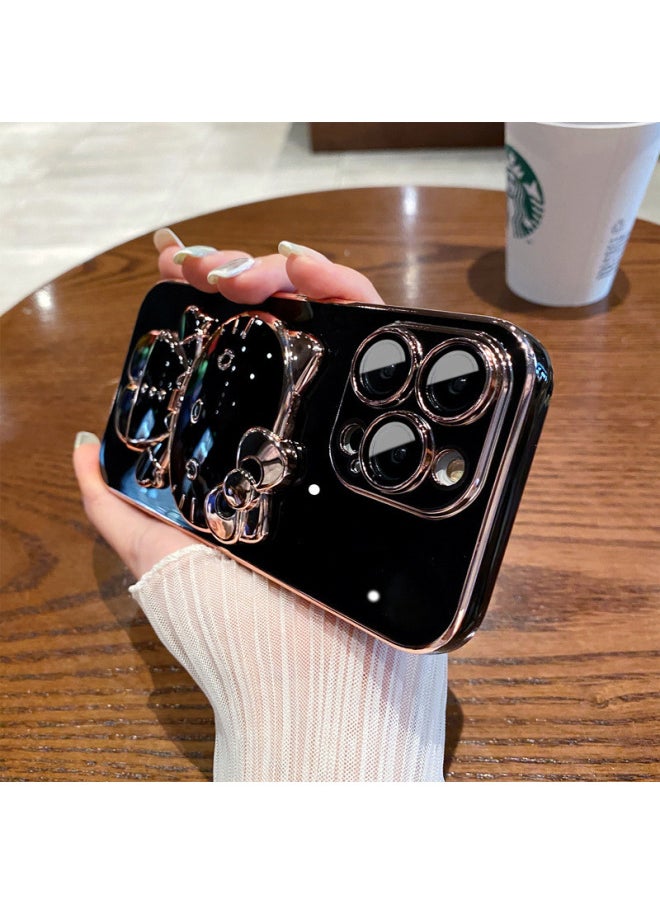 Makeup Mirror Cute Cat Bracket For Iphone 14promax Mobile Phone Case All-inclusive Lens Film For Iphone13 Soft 12-Color:Black-Applicable Model:For Iphone16