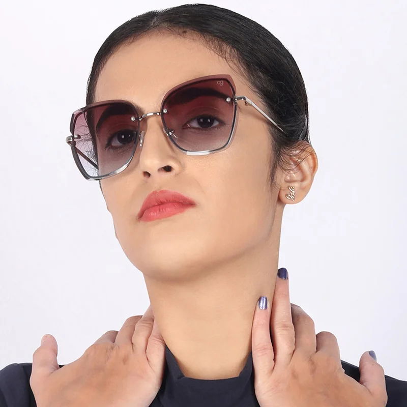 Woggles Latest & Stylish UV Protected Gradient Purple Cateye Rimless Sunglasses for Women