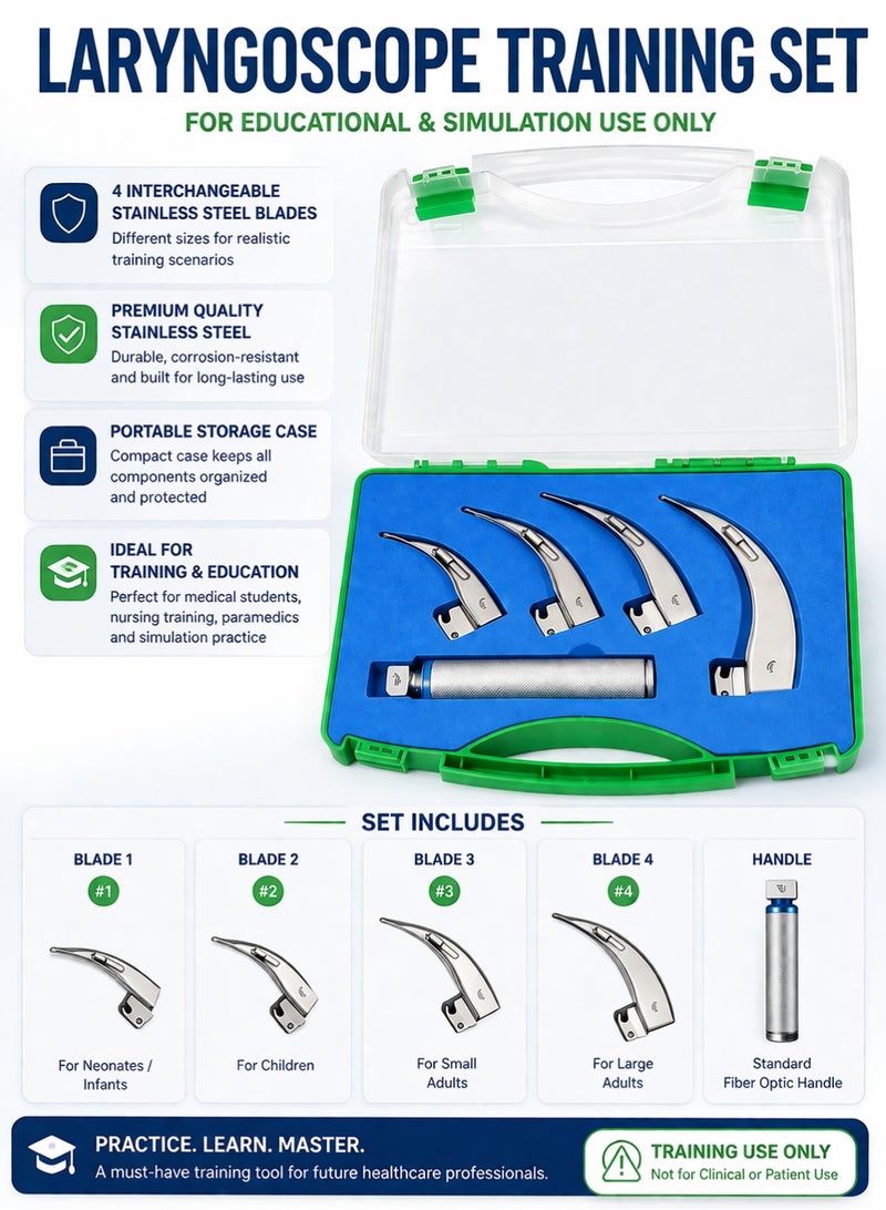 TNM Laryngoscope Training Set with 4 Blades – Educational Intubation Practice Kit for Medical & Nursing Students – Stainless Steel Simulation Tool - Image 3
