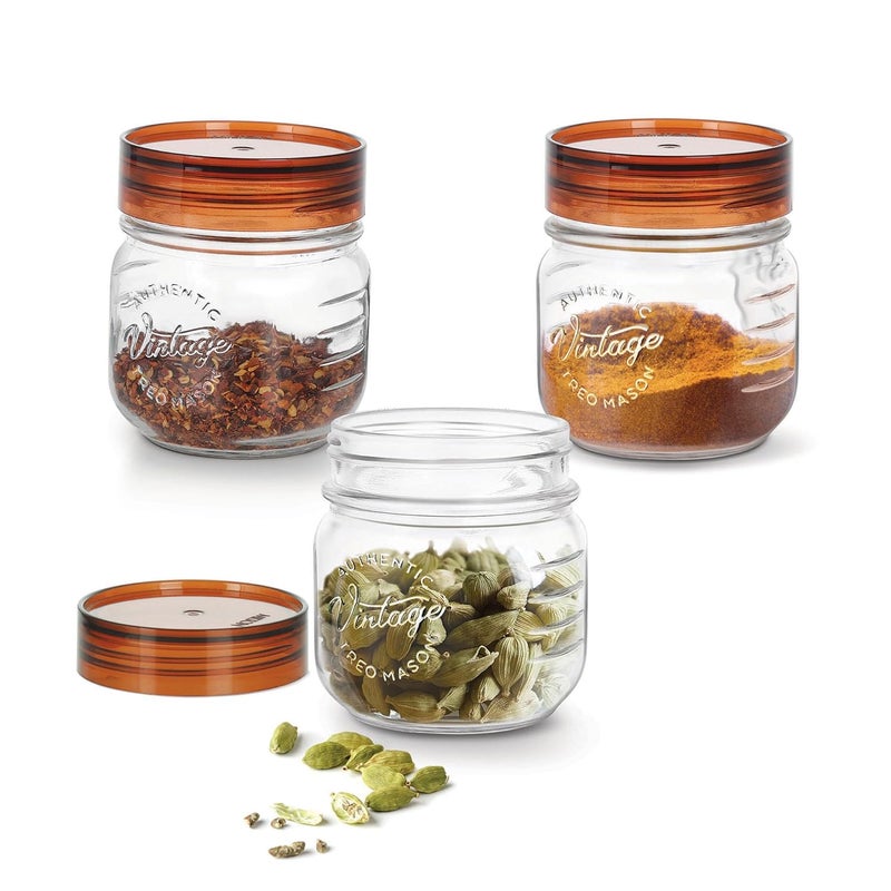 TREO By Milton Vintage Glass Jar with Airtight Lid Kitchen Storage Containers, BPA Free, Glassy Storage Organizer, Multipurpose Dabba for Food, Spice, Cereals, Cookies, Dry Food, Set of 3, 350ml each - Image 1