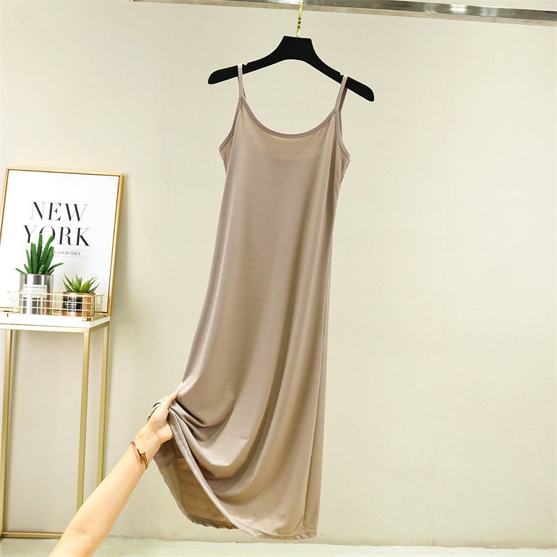 Ice Silk suspender skirt womens summer underskirt plus size chubby girl high waist slimming dress loose long skirt Khaki mid-length