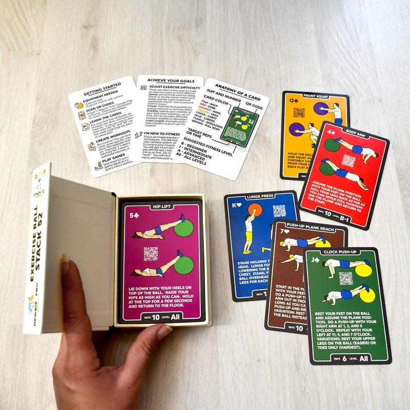 Stack 52 Exercise Ball Fitness Cards. Swiss Ball Workout Playing Card Game. Video Instructions Included. Bodyweight Training Program for Balance and Stability Balls. (2019 Updated Deck) - Image 2