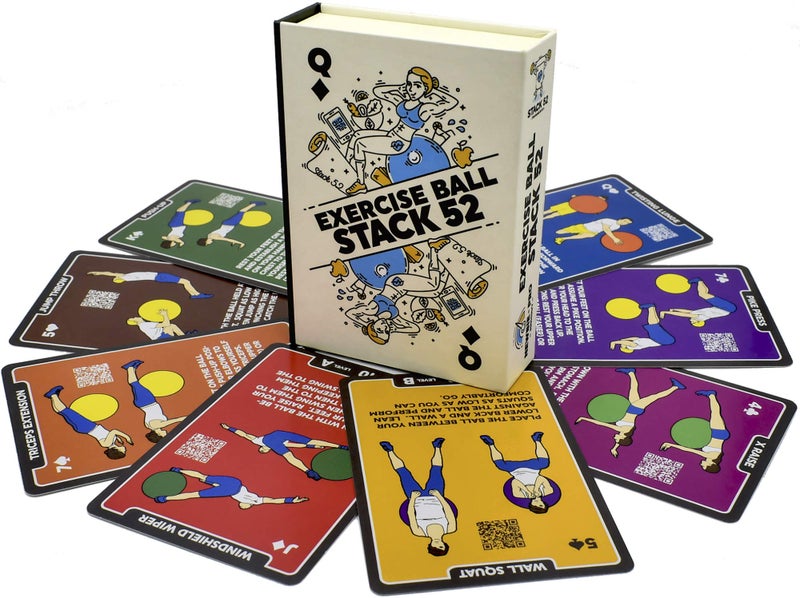 Stack 52 Exercise Ball Fitness Cards. Swiss Ball Workout Playing Card Game. Video Instructions Included. Bodyweight Training Program for Balance and Stability Balls. (2019 Updated Deck) - Image 1
