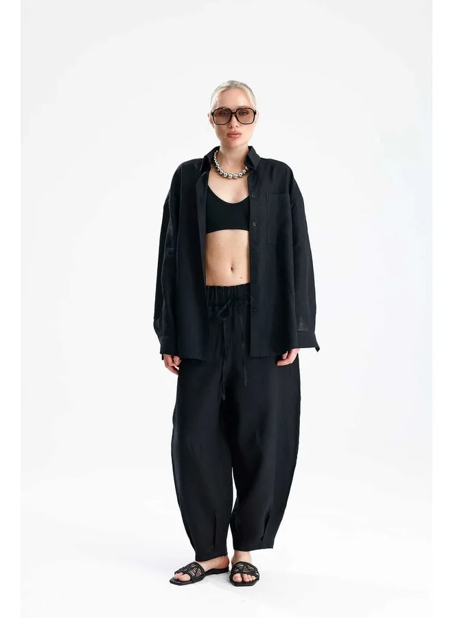GACACOLLECTION GİALLO Linen Carrot Pants Shirt Black Set.