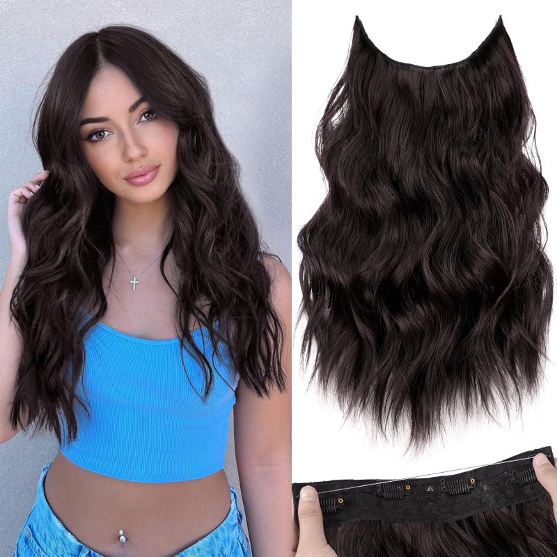 KooKaStyle Invisible Wire Hair Extensions with Transparent Headband Adjustable Size 4 Secure Clips Long Wavy Secret Wire Synthetic Hairpiece Dark Brown6 16 Inch for Women