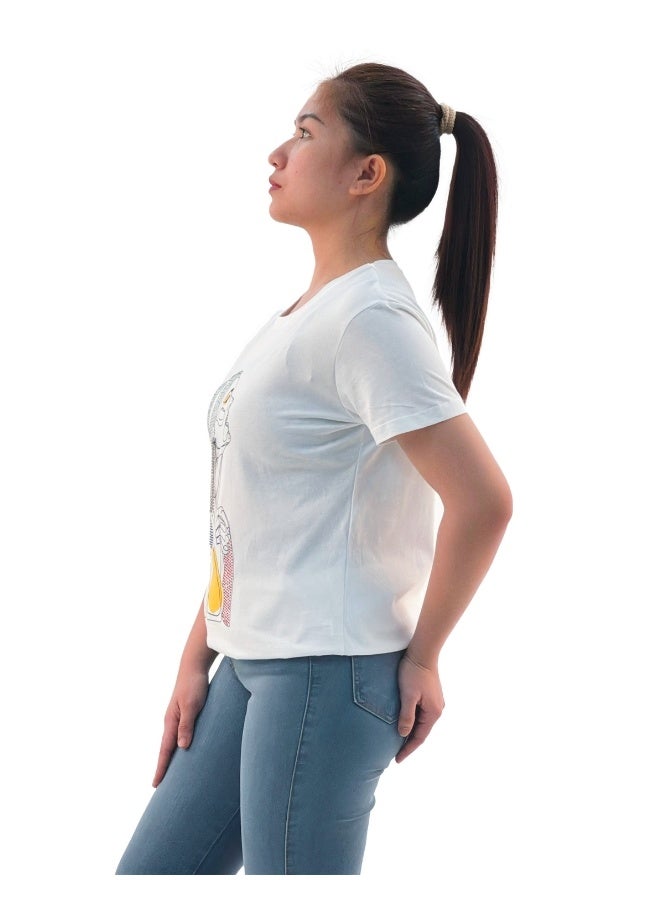 JOANNA W203016 Women's Sad Lady Print Round Neck Short Sleeve T-Shirt - White - Image 2
