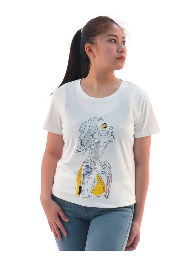 JOANNA W203016 Women's Sad Lady Print Round Neck Short Sleeve T-Shirt - White - Image 1