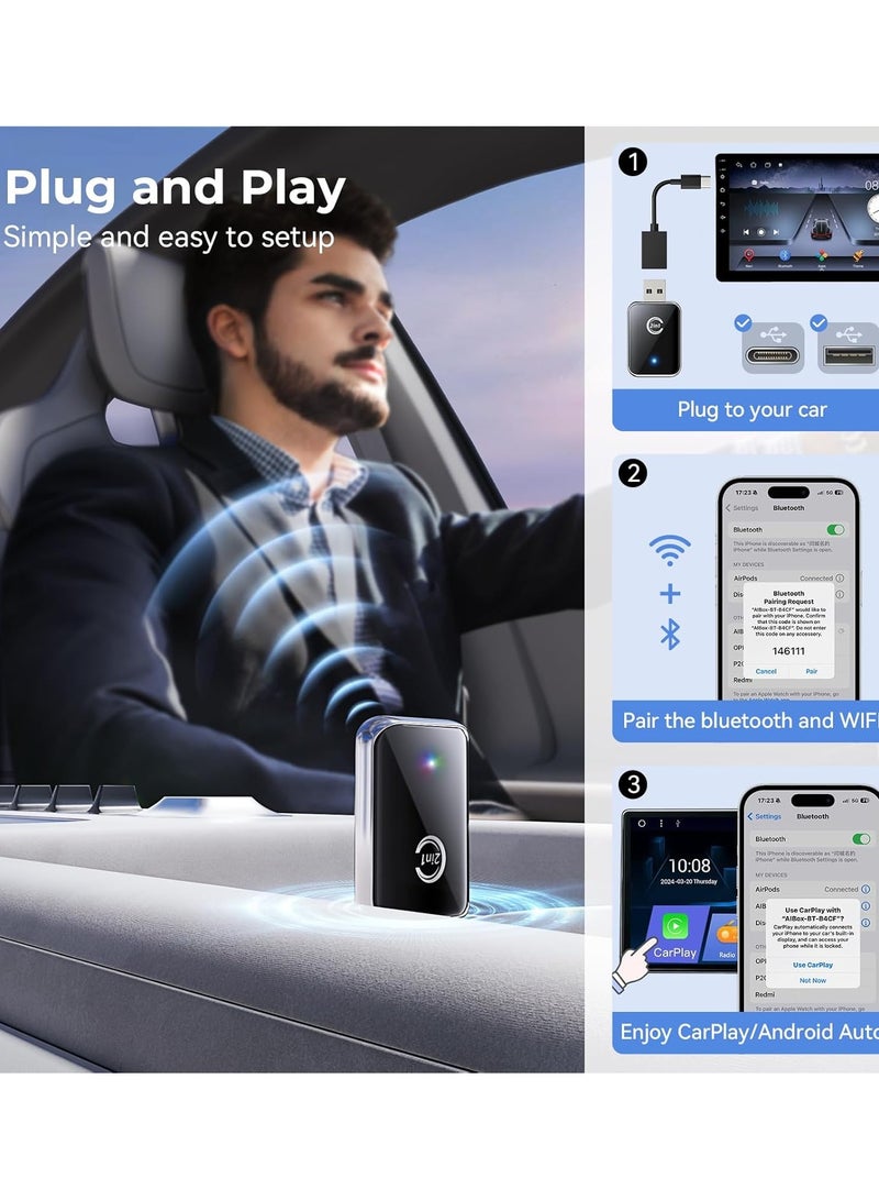 Wireless Carplay Adapter for iPhone, Convert Wired Carplay to Wireless, 2 in 1 Plug and Play Android Auto and Carplay Adapter for iOS 10 Android 11 and Above, Cars with Built-in Carplay (Silver) - Image 2
