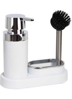 Primanova Kitchen soap dispenser with sponge holder and brush  3 in 1 for kitchen sink, bathroom, shampoo - white  - Image 1