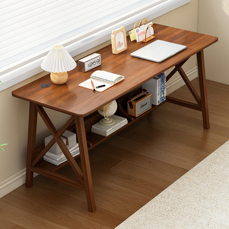 NELYE Extra Long Desk with Bookshelf Wooden Home Office Work Study Table Writing Computer Workstation with Storage Shelf in Walnut 55 Wx20 Dx30 H