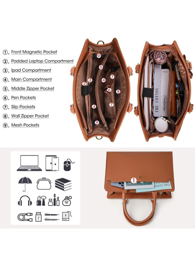 حقيبة لابتوب توت بسعة كبيرة وخفيفة من جلد PU للنساء، حقيبة ساتشل كتف وكروس بحجم ‎15.6‎ بوصة للسيدات مع جيب مغناطيسي وحزام قابل للفصل، حقيبة للعمل والجامعة والسفر ‎(بني)‎