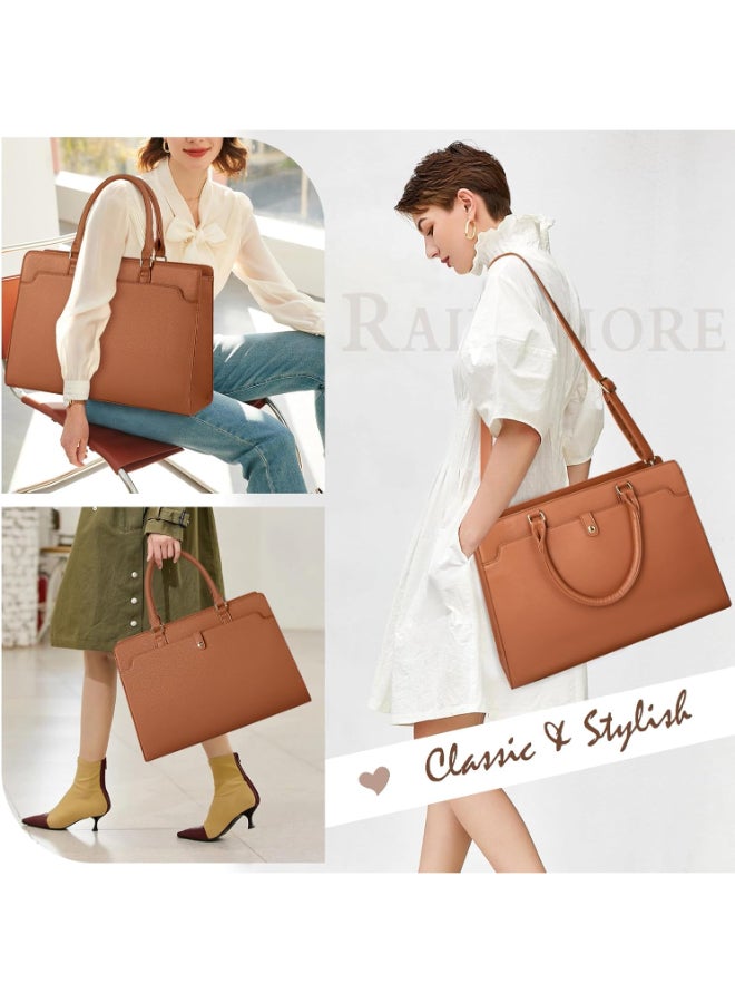 حقيبة لابتوب توت بسعة كبيرة وخفيفة من جلد PU للنساء، حقيبة ساتشل كتف وكروس بحجم ‎15.6‎ بوصة للسيدات مع جيب مغناطيسي وحزام قابل للفصل، حقيبة للعمل والجامعة والسفر ‎(بني)‎