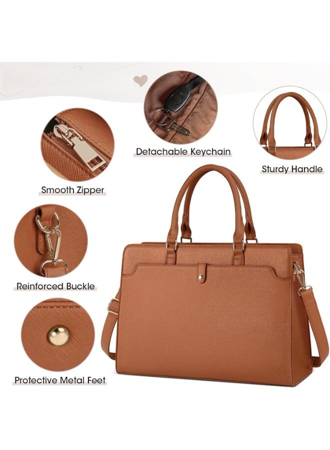 حقيبة لابتوب توت بسعة كبيرة وخفيفة من جلد PU للنساء، حقيبة ساتشل كتف وكروس بحجم ‎15.6‎ بوصة للسيدات مع جيب مغناطيسي وحزام قابل للفصل، حقيبة للعمل والجامعة والسفر ‎(بني)‎