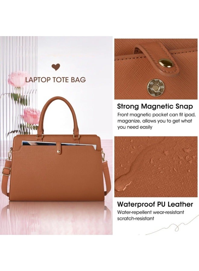 حقيبة لابتوب توت بسعة كبيرة وخفيفة من جلد PU للنساء، حقيبة ساتشل كتف وكروس بحجم ‎15.6‎ بوصة للسيدات مع جيب مغناطيسي وحزام قابل للفصل، حقيبة للعمل والجامعة والسفر ‎(بني)‎