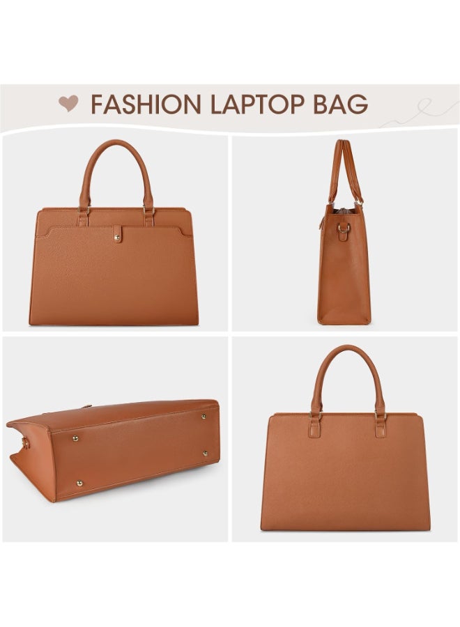 حقيبة لابتوب توت بسعة كبيرة وخفيفة من جلد PU للنساء، حقيبة ساتشل كتف وكروس بحجم ‎15.6‎ بوصة للسيدات مع جيب مغناطيسي وحزام قابل للفصل، حقيبة للعمل والجامعة والسفر ‎(بني)‎