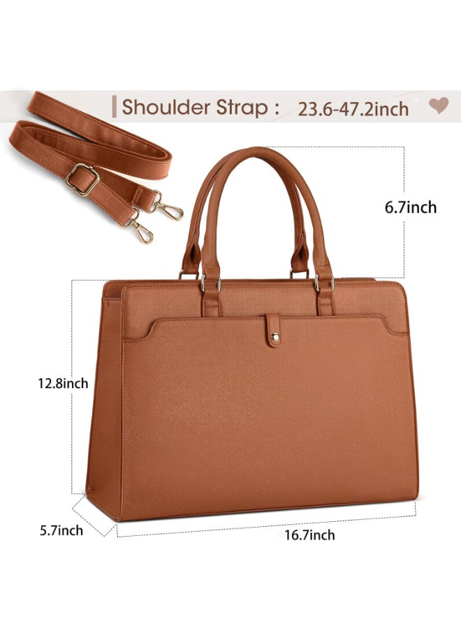 حقيبة لابتوب توت بسعة كبيرة وخفيفة من جلد PU للنساء، حقيبة ساتشل كتف وكروس بحجم ‎15.6‎ بوصة للسيدات مع جيب مغناطيسي وحزام قابل للفصل، حقيبة للعمل والجامعة والسفر ‎(بني)‎