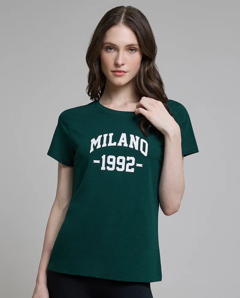 أر أند بي Typography Print T-Shirt With Crew Neck And Short Sleeves