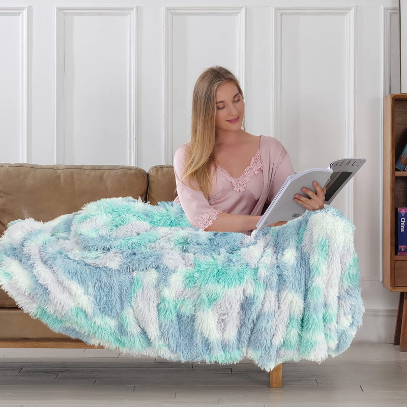 Tuddrom Decorative Extra Soft Faux Fur Throw Blanket Solid Reversible Fuzzy Lightweight Long Hair Shaggy Blanket Fluffy Cozy Plush Fleece Comfy Microfiber Fur Blanket for Couch Sofa Bed Tie Dye Blue - Image 3