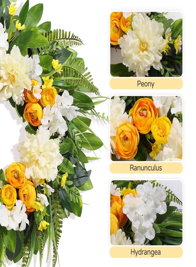 Vsonker Summer Wreath for Front Door, 24 Inch Summer Wreath Floral with Peony Ranunculus Hydrangea Flower Summer Door Wreaths for Porch Entryways Wall Window Farmhouse Party Home Seasonal Decor - Image 4
