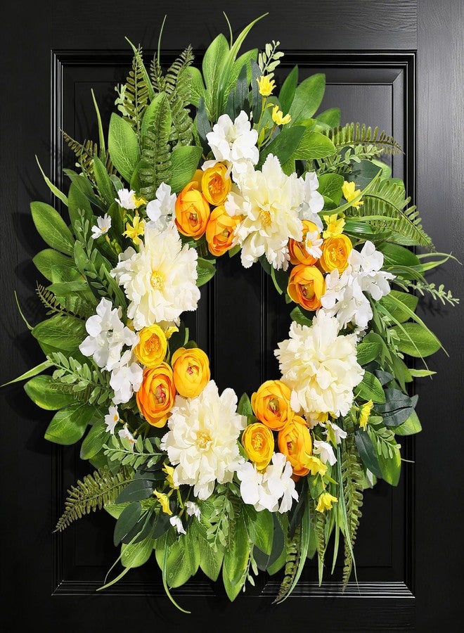 Vsonker Summer Wreath for Front Door, 24 Inch Summer Wreath Floral with Peony Ranunculus Hydrangea Flower Summer Door Wreaths for Porch Entryways Wall Window Farmhouse Party Home Seasonal Decor - Image 3