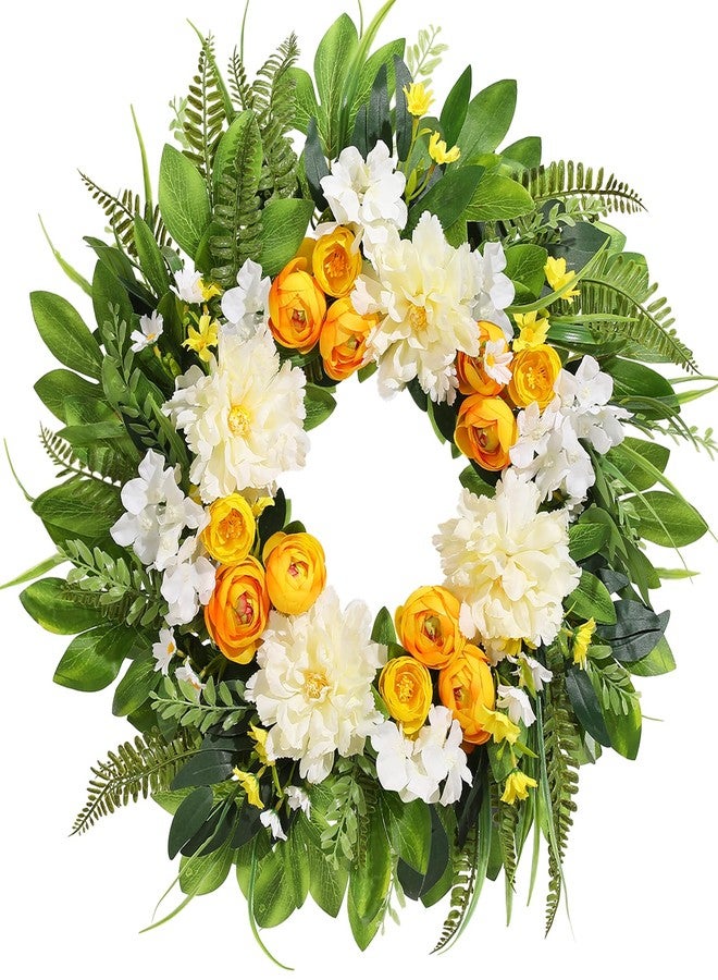 Vsonker Summer Wreath for Front Door, 24 Inch Summer Wreath Floral with Peony Ranunculus Hydrangea Flower Summer Door Wreaths for Porch Entryways Wall Window Farmhouse Party Home Seasonal Decor - Image 1
