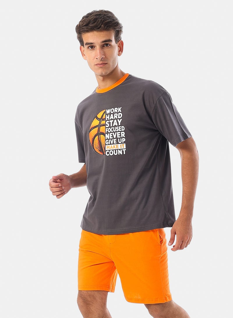 Andora Short Sleeves Printed Cotton Pajama - Grey & Orange - Image 2