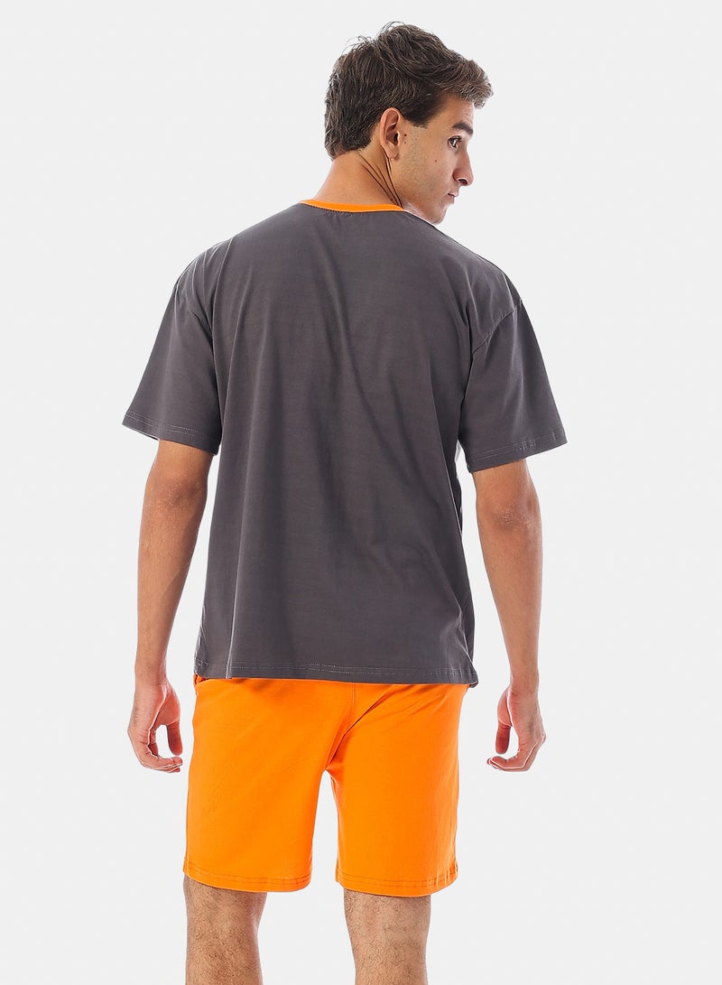 Andora Short Sleeves Printed Cotton Pajama - Grey & Orange - Image 4