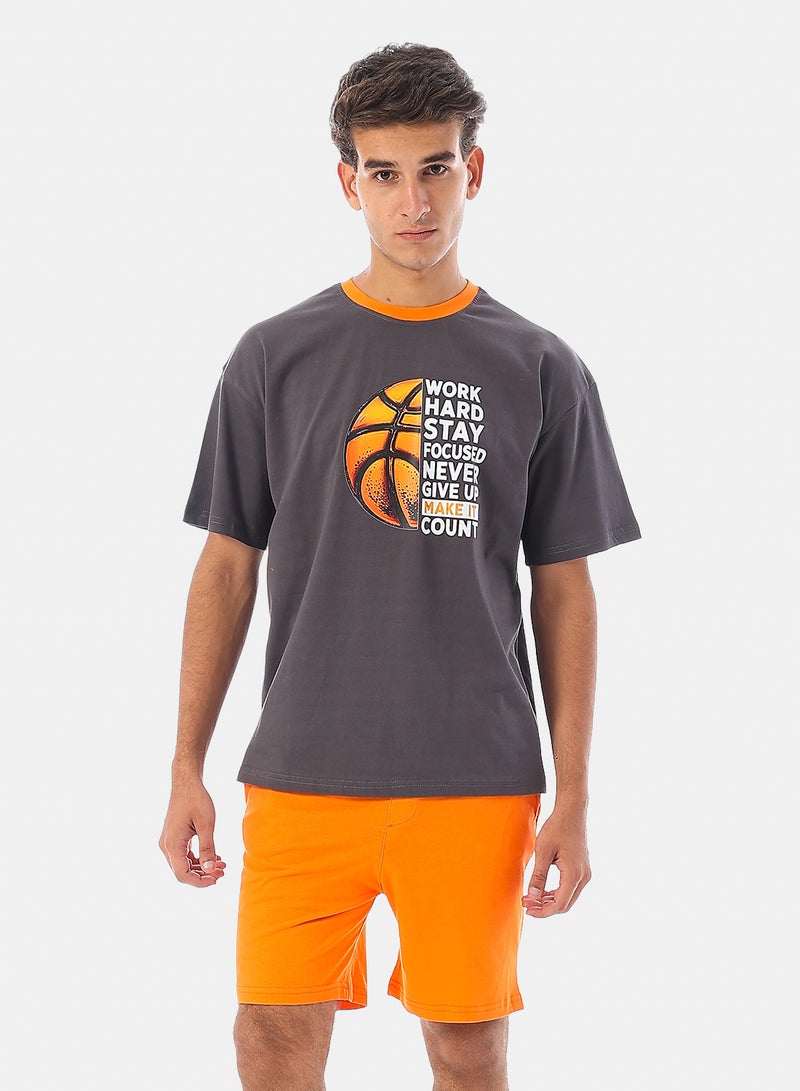Andora Short Sleeves Printed Cotton Pajama - Grey & Orange - Image 1