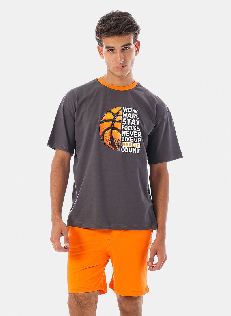 Andora Short Sleeves Printed Cotton Pajama - Grey & Orange - Image 5