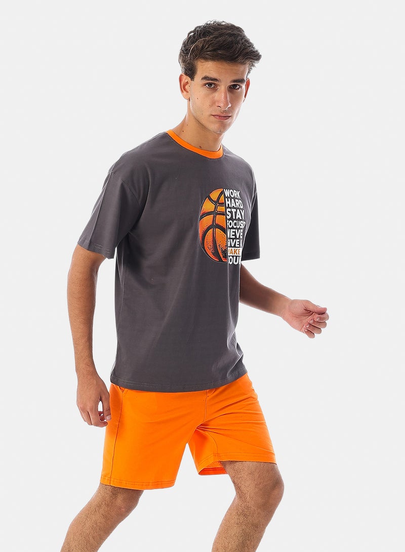 Andora Short Sleeves Printed Cotton Pajama - Grey & Orange - Image 3