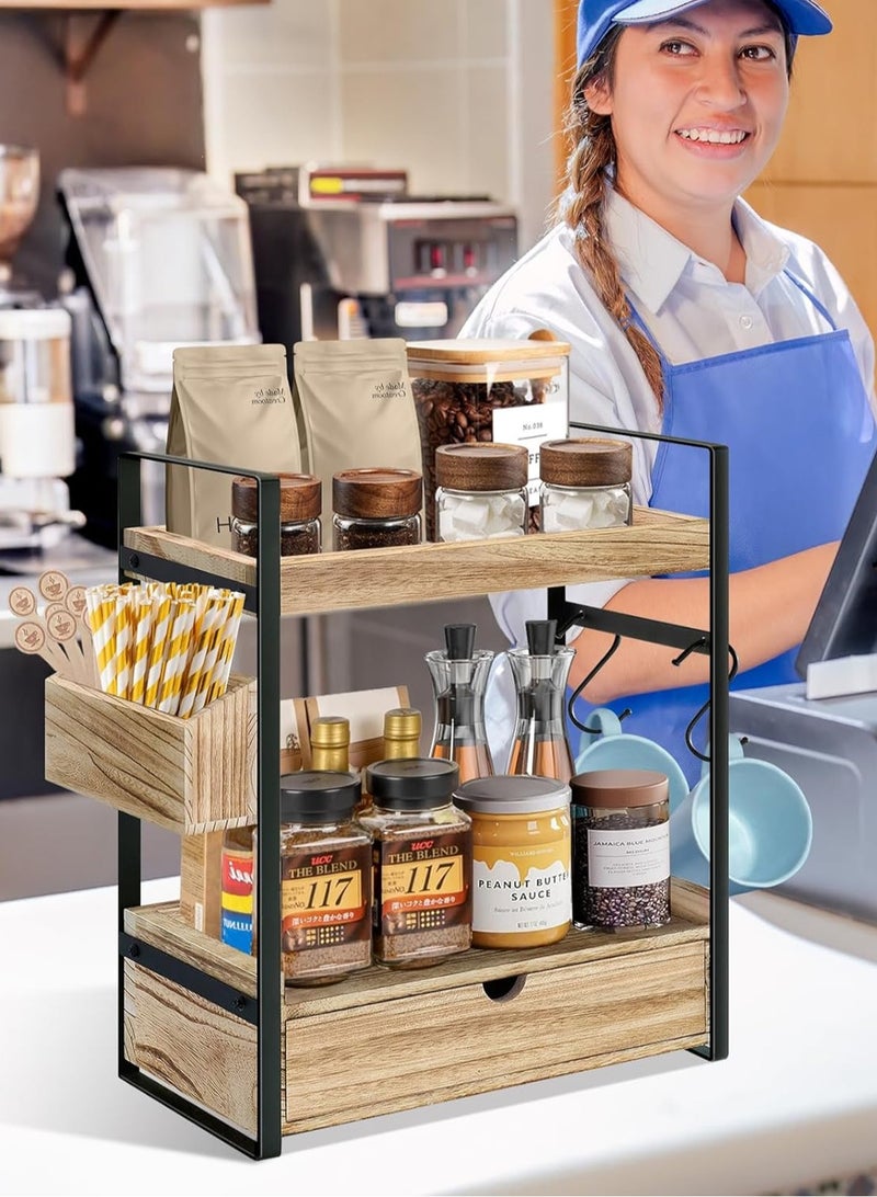 LOOPITYS 2nd floor coffee bar accessories and organizer, wooden coffee station organizer with drawers on the kitchen countertop, coffee cup holder with 4 hooks and 1 wooden side storage bucket, can also be used as a bathroom countertop storage rack, kitchen countertop storage rack, with many uses - Image 1
