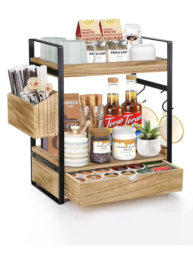 LOOPITYS 2nd floor coffee bar accessories and organizer, wooden coffee station organizer with drawers on the kitchen countertop, coffee cup holder with 4 hooks and 1 wooden side storage bucket, can also be used as a bathroom countertop storage rack, kitchen countertop storage rack, with many uses - Image 2