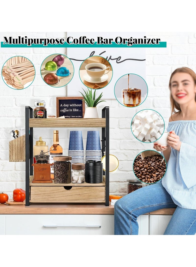 LOOPITYS 2nd floor coffee bar accessories and organizer, wooden coffee station organizer with drawers on the kitchen countertop, coffee cup holder with 4 hooks and 1 wooden side storage bucket, can also be used as a bathroom countertop storage rack, kitchen countertop storage rack, with many uses - Image 4