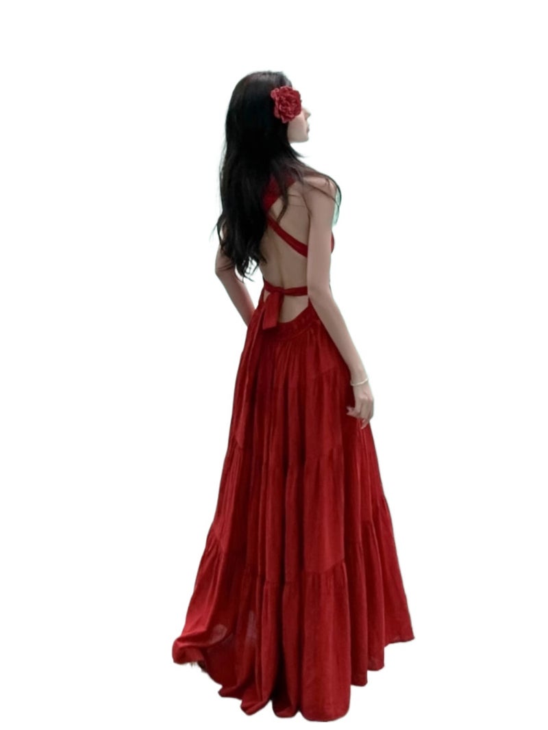 French Hepburn Style Halter Neck Dress High Waist Solid Color Long Dress 2025 - Image 5