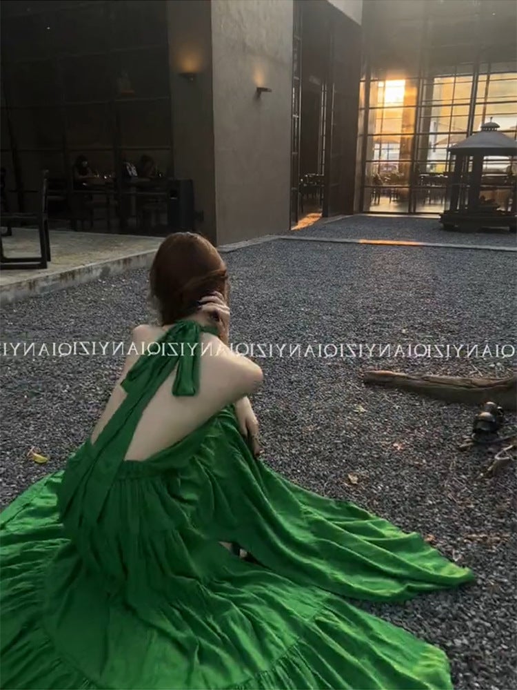 French Hepburn Style Halter Neck Dress High Waist Solid Color Long Dress 2025 - Image 4