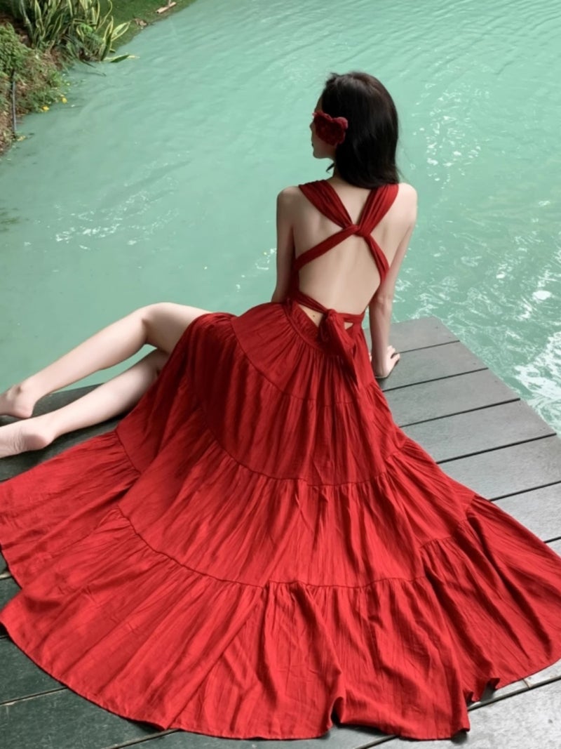 French Hepburn Style Halter Neck Dress High Waist Solid Color Long Dress 2025 - Image 2
