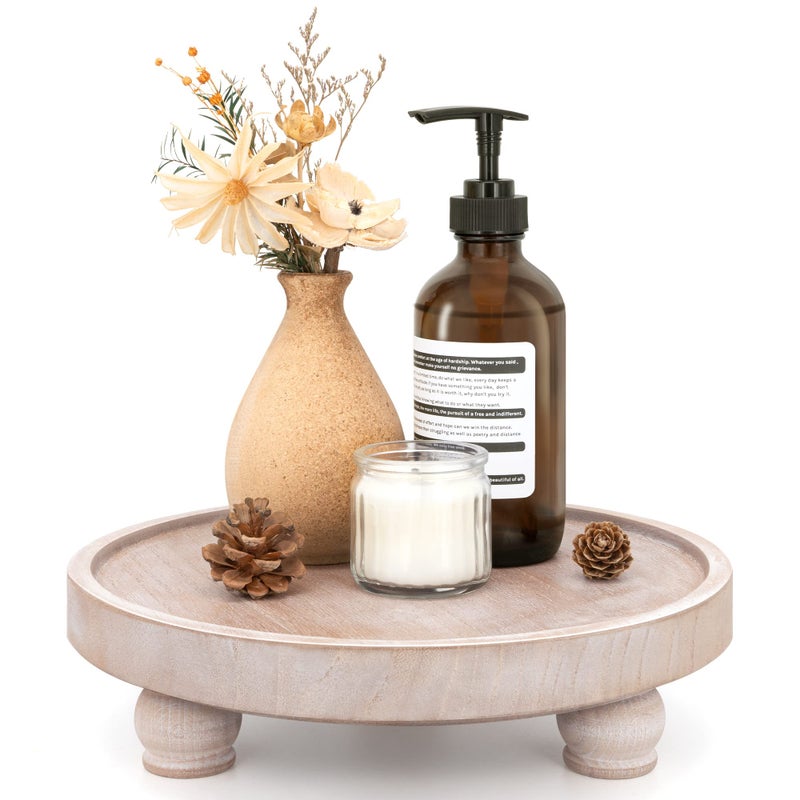 EOSAHR Farmhouse Wood Riser for Display : Decorative Pedestal Stand for Kitchen Counter and Home Decor - Elegant Round Waterproof Display Tray for Bathroom Soap, Sink, Vase (Natural Wood) - Image 1