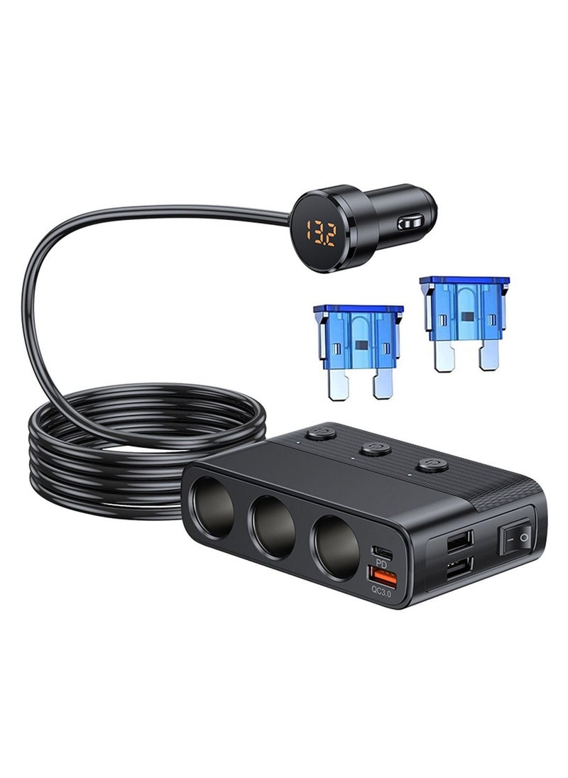 ULHYC محول شاحن سيارة 7 في 1، 3 مقابس مقسمة مع PD/QC 3.0 * شحن (كابل 3.3 قدم) 3 منافذ USB، 1 منافذ من النوع C لجميع أجهزة السيارة  - Image 1