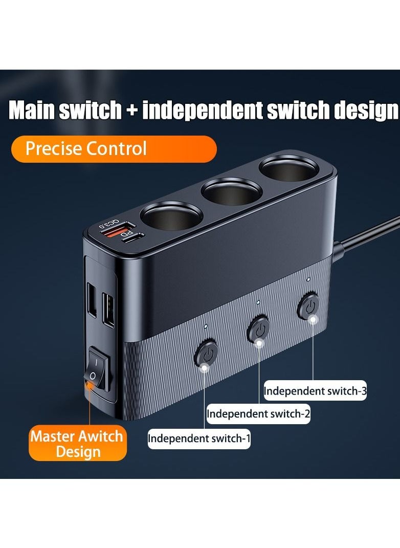 ULHYC محول شاحن سيارة 7 في 1، 3 مقابس مقسمة مع PD/QC 3.0 * شحن (كابل 3.3 قدم) 3 منافذ USB، 1 منافذ من النوع C لجميع أجهزة السيارة  - Image 2