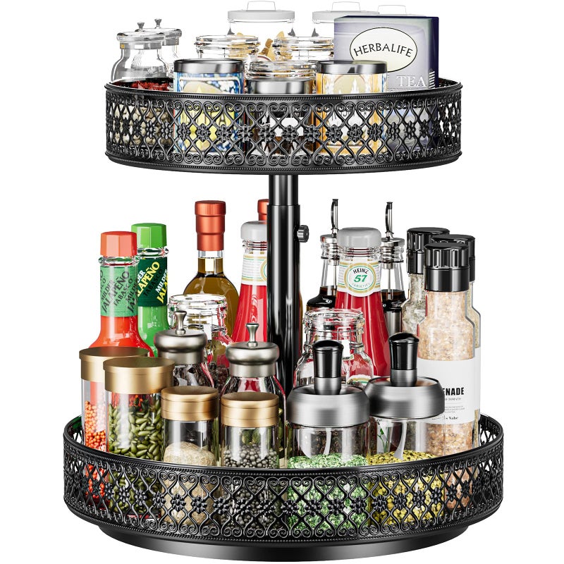OVICAR Lazy Susan Organizer 2 Tier - Turntable Spice Rack 12 inch Adjustable Metal Rotating Lazy Susan for Cabinet Pantry Kitchen Countertop Dining Table Cupboard Bathroom Vanity Storage Black - Image 1